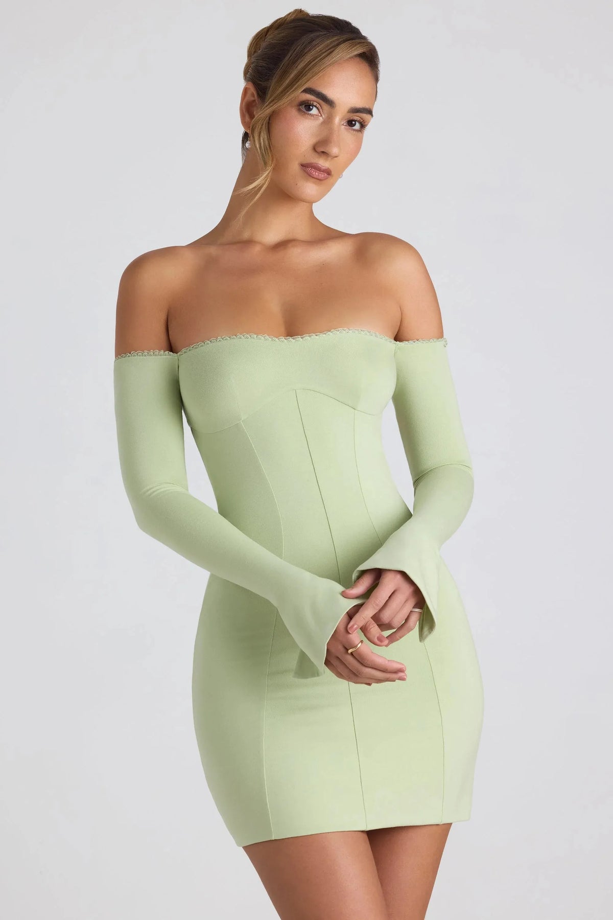 Modal Off-Shoulder Lace-Trim Mini Dress in Spring Green