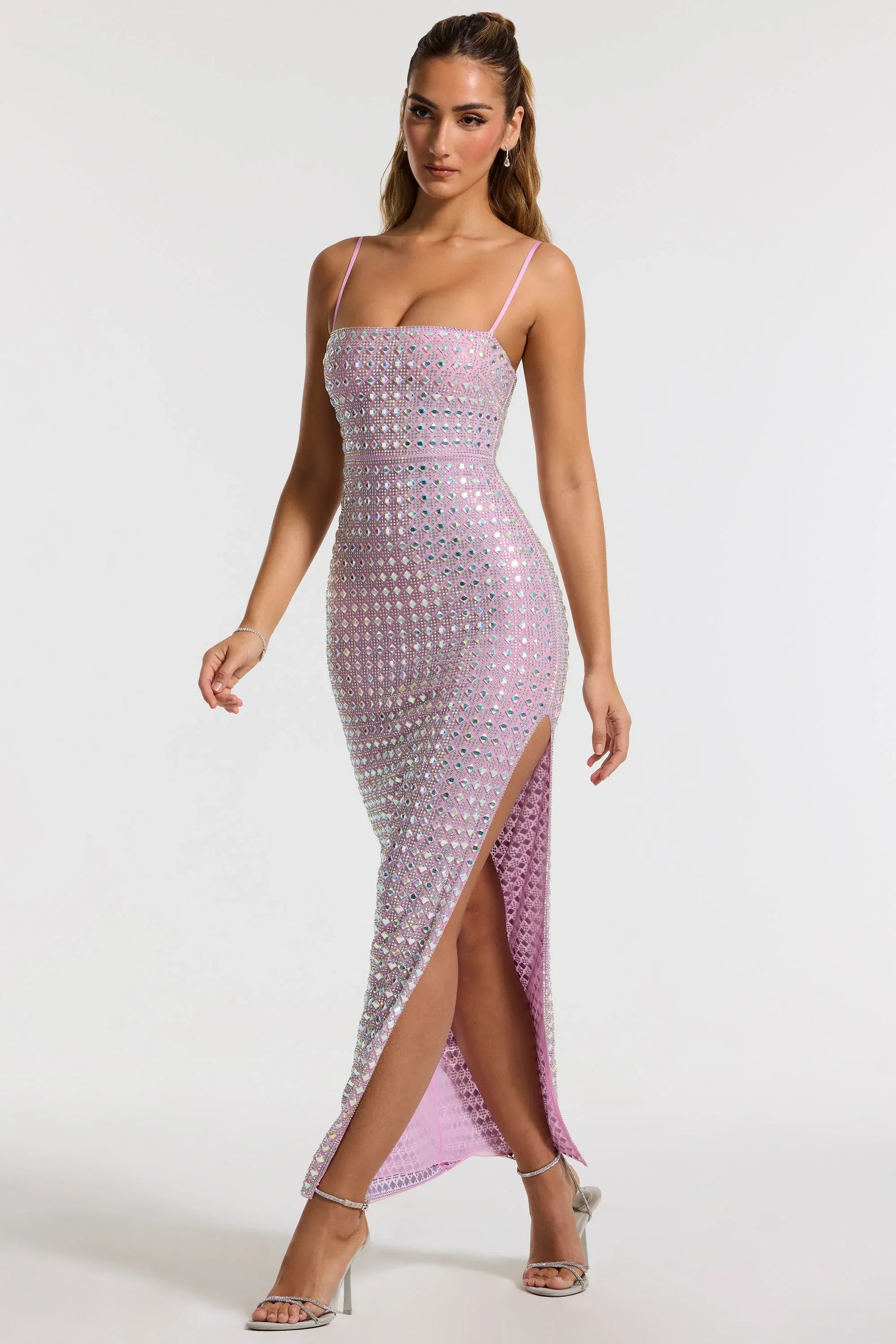 Embellished Square Neck Evening Gown in Lilac