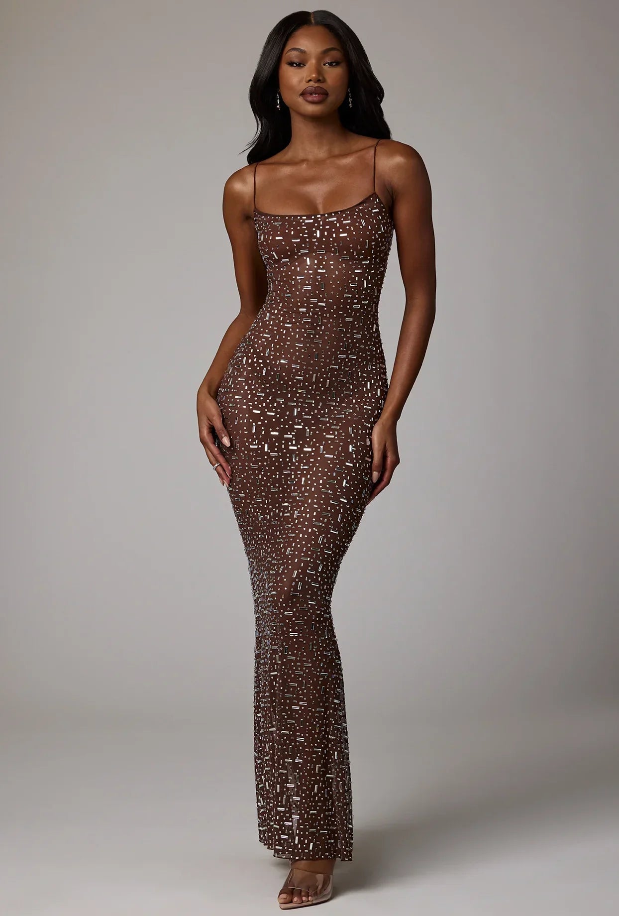 Sheer Embellished Scoop Neck Evening Gown in Deep Cocoa