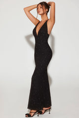 Embellished Plunge Halter Neck Evening Gown in Black