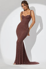 Embellished Corset Fishtail Evening Gown in Espresso