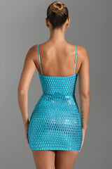 Embellished Cut-Out Mini Dress in Aqua Blue