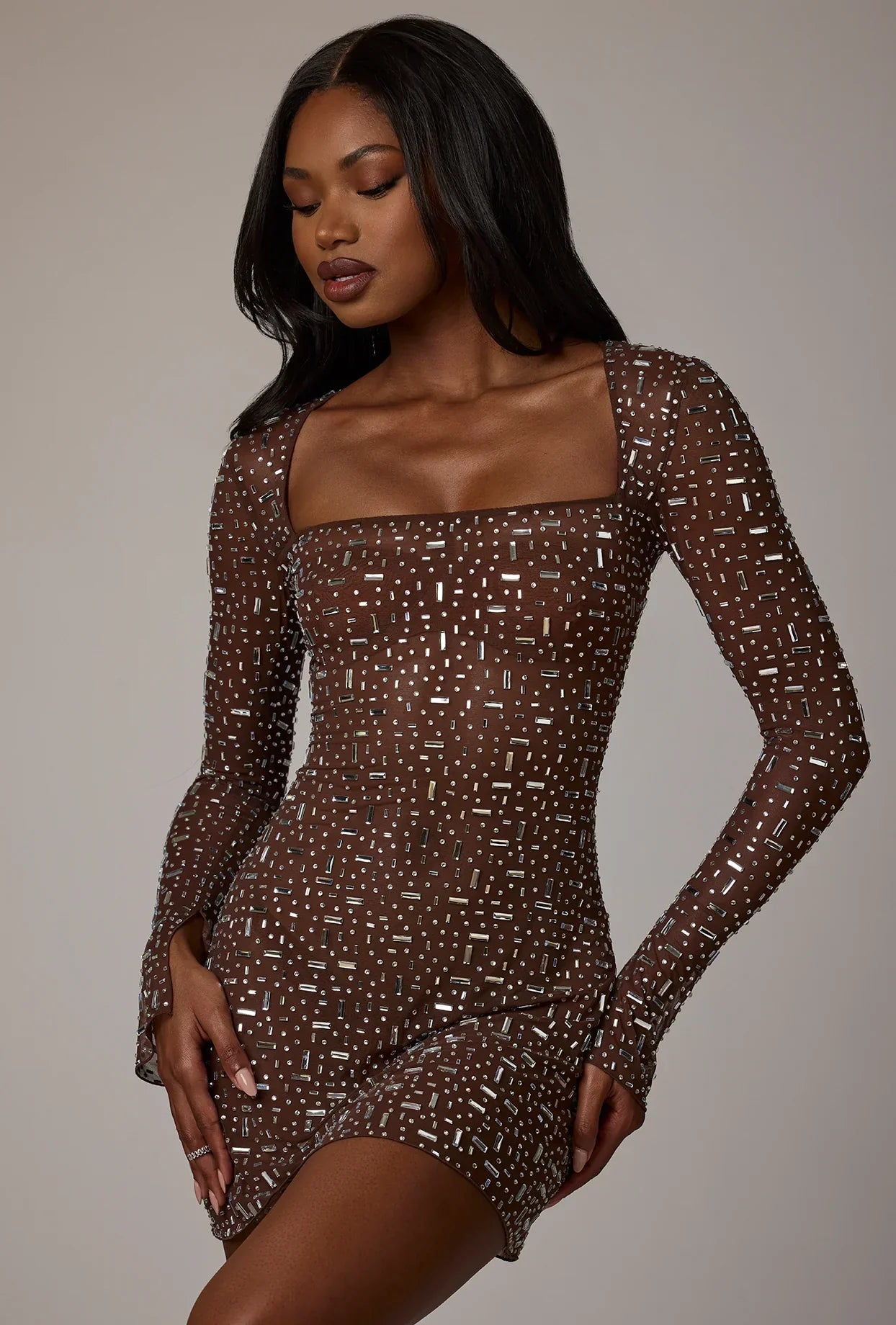 Sheer Embellished Long Sleeve A-Line Mini Dress in Deep Cocoa