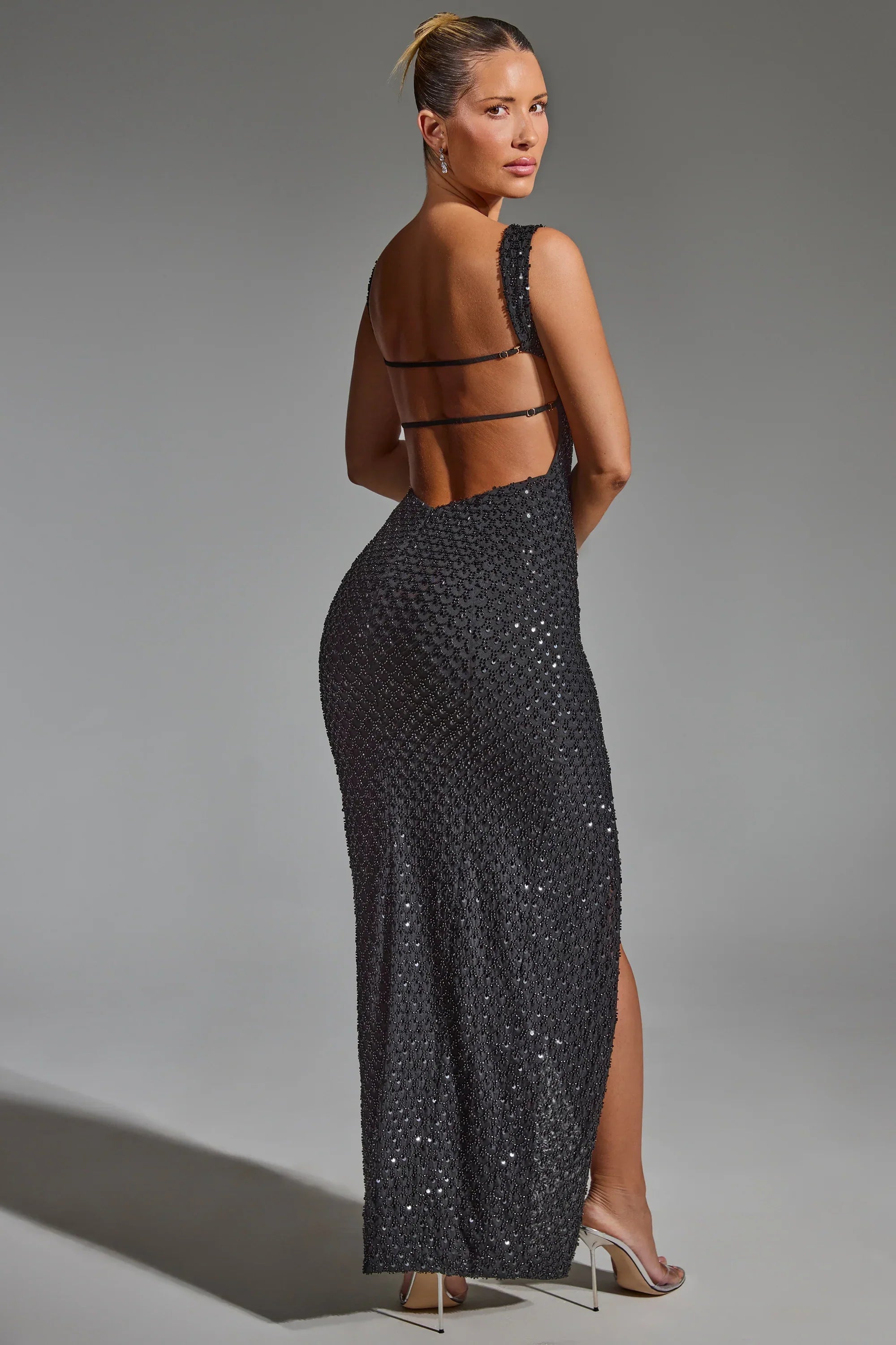 Embellished Open-Back Maxi Dress in Black