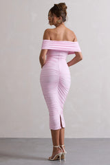 Pink Ruched Twist Bardot Midi Dress