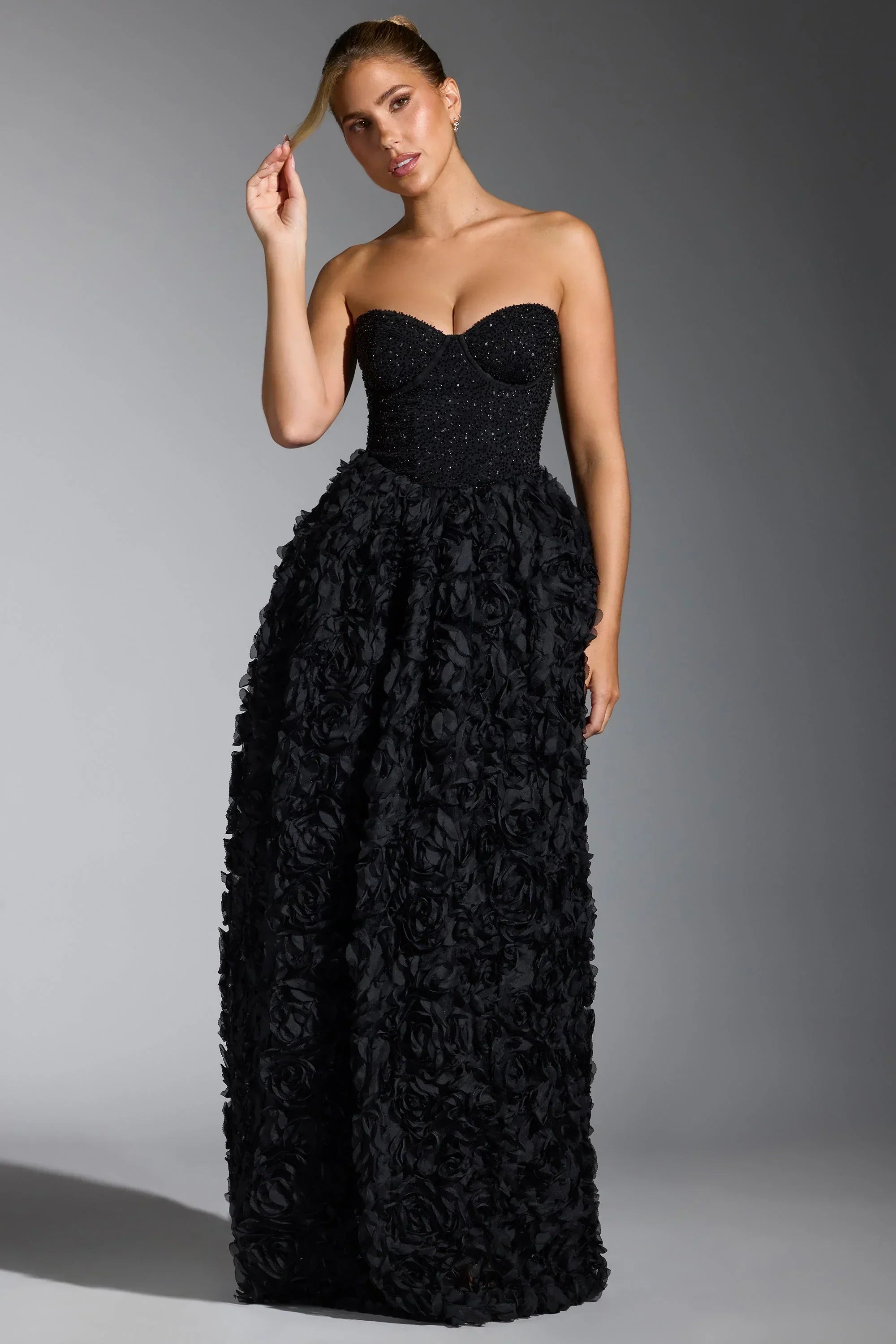 Embellished Floral-Appliqué Corset Gown in Black