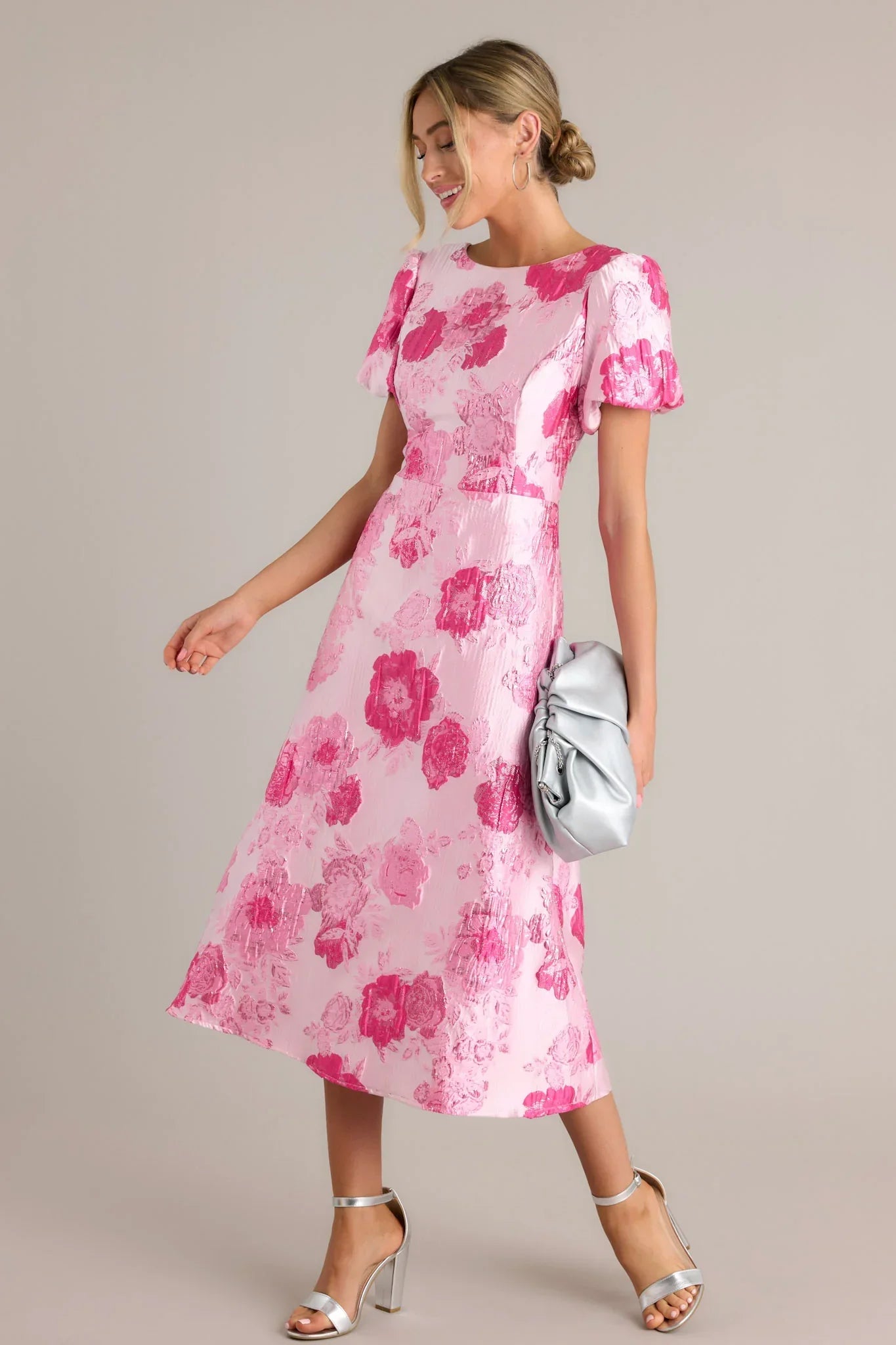 Luxe Living Light Pink Floral Jacquard Midi Dress (RESTOCK JULY)