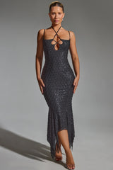 Embellished Cut-Out Asymmetric Midaxi Dress in Black