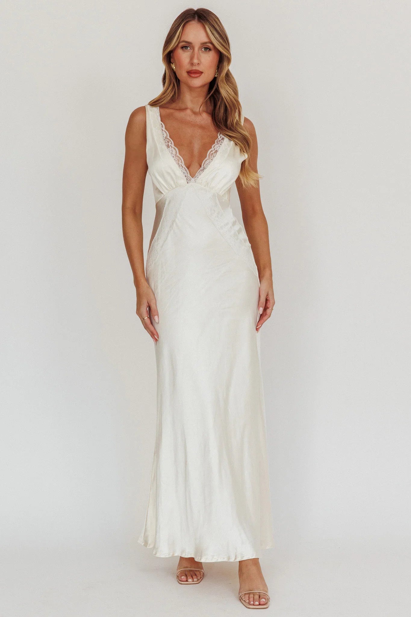 Ivonne Lace Trim V-Neck Maxi Dress Oyster