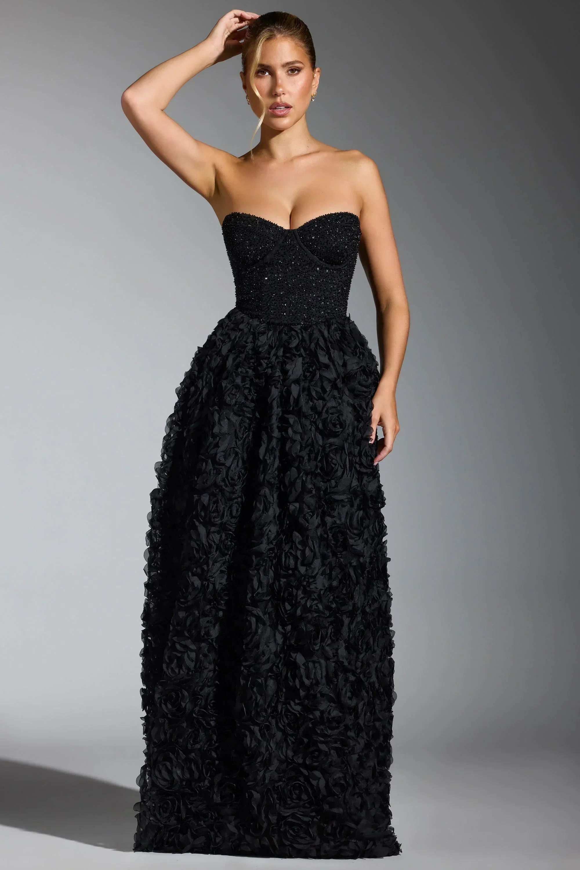 Embellished Floral-Appliqué Corset Gown in Black