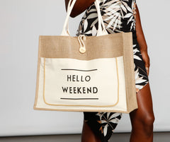 Hello Weekend Straw Tote Bag