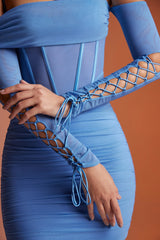 Lace Up Long Sleeve Corset Mini Dress in Blue