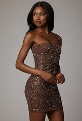 Sheer Embellished Bodycon Mini Dress in Deep Cocoa