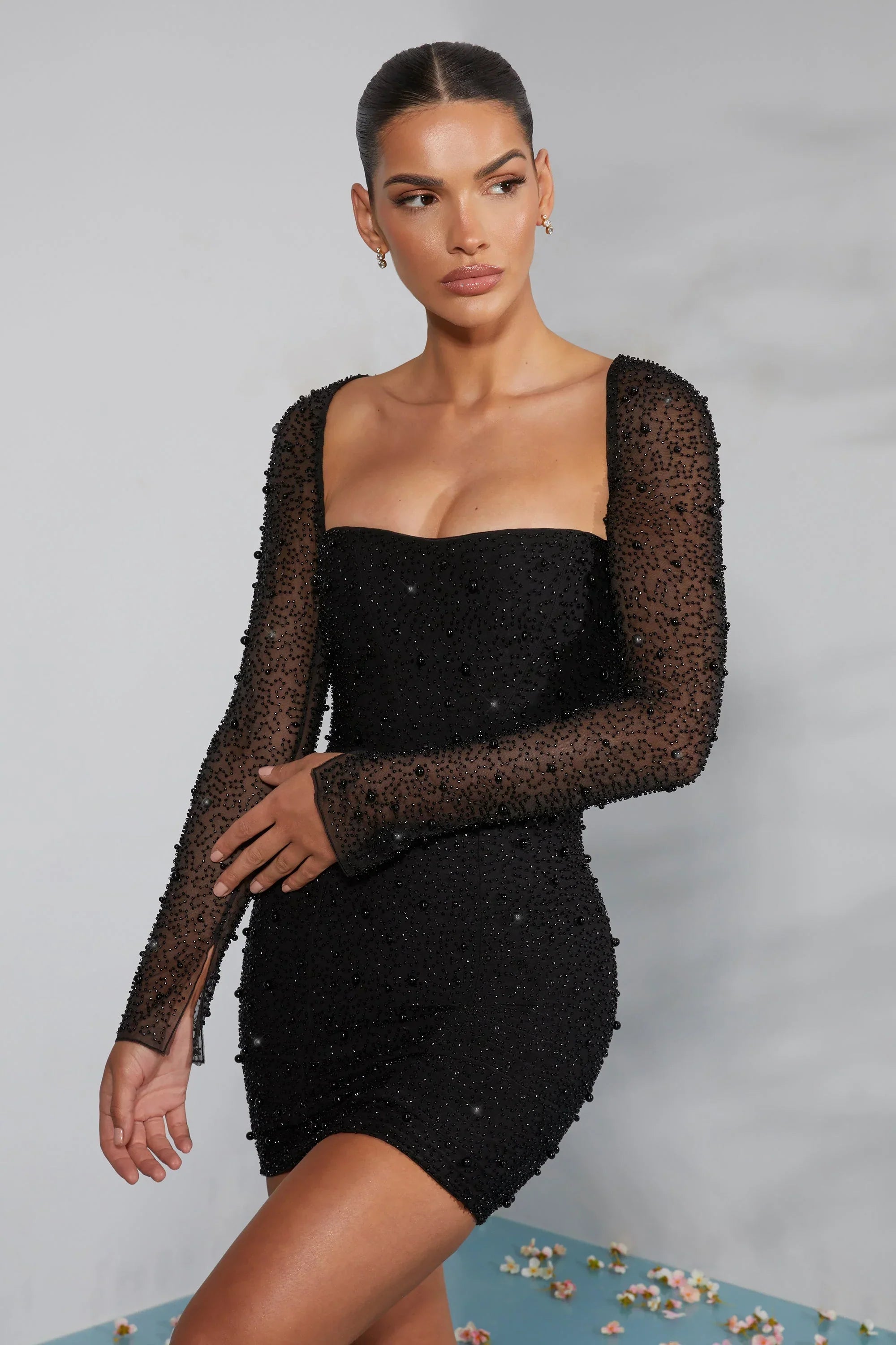 Long Sleeve Embellished Corset Mini Dress in Black