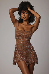 Sheer Embellished Scoop Neck Mini Dress in Mocha