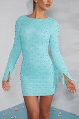 Long Sleeve Embellished Backless Mini Dress in Aqua