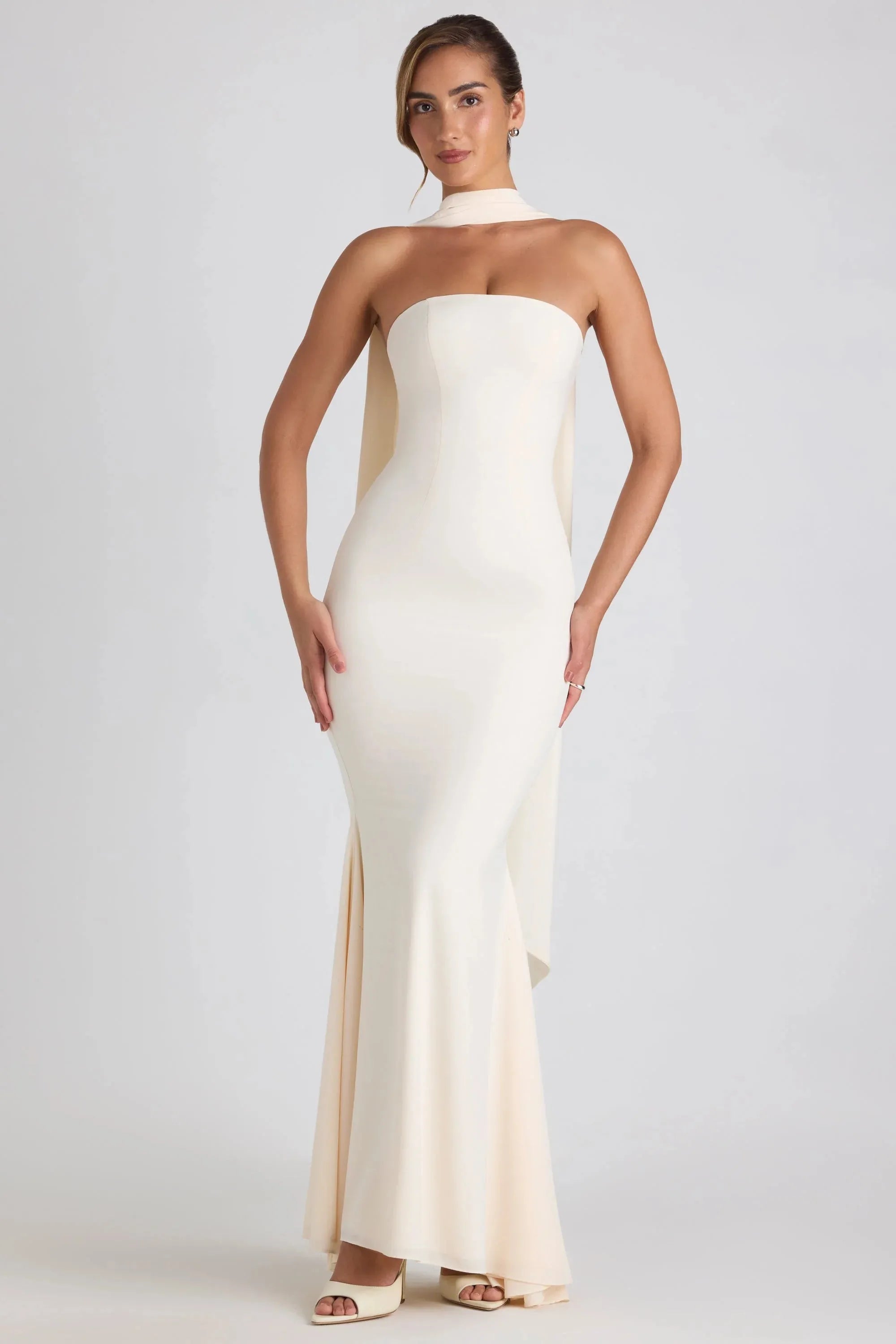 Scarf-Detail Strapless Gown in Ivory