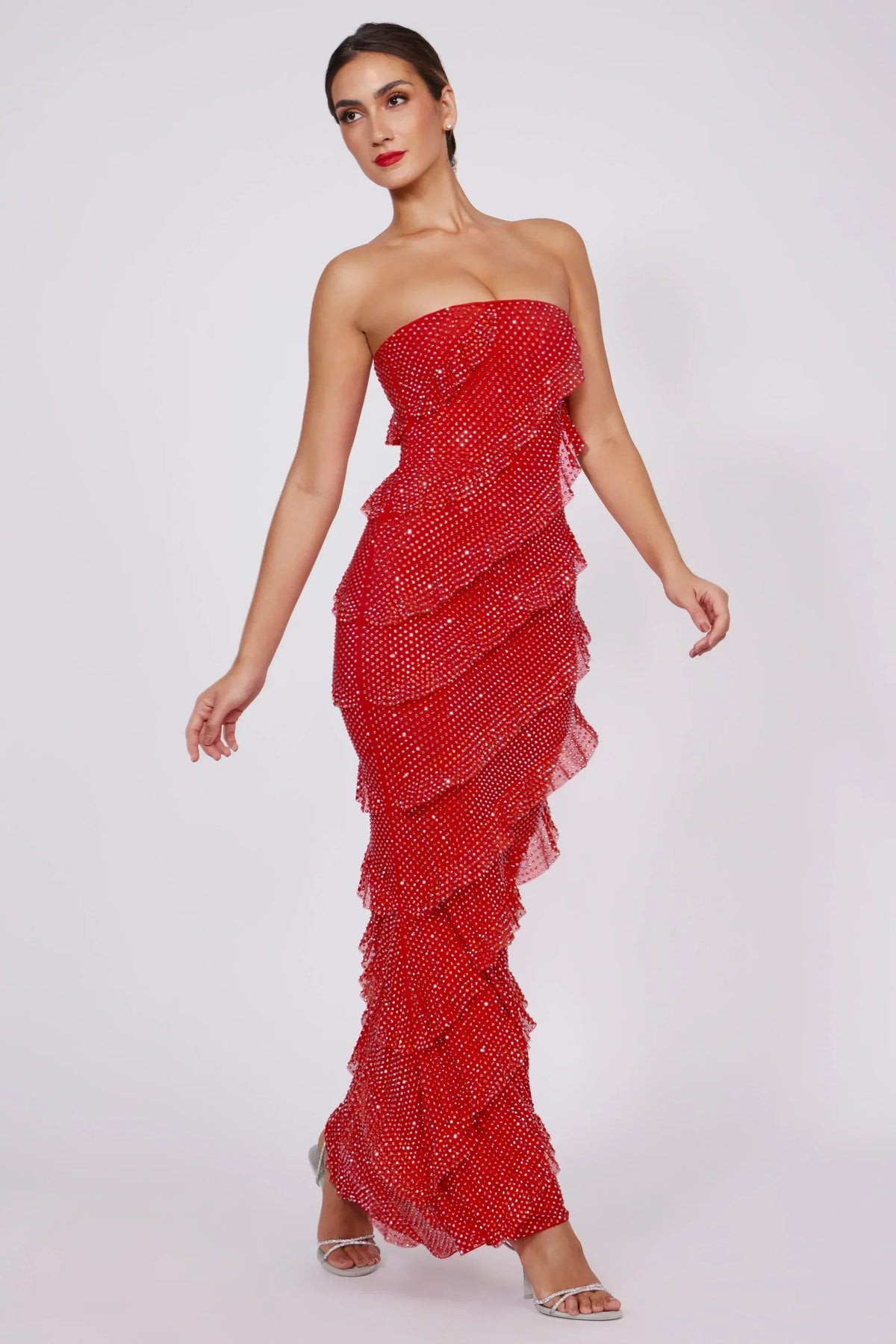 Embellished Strapless Ruffle Maxi Dress in Fire Red