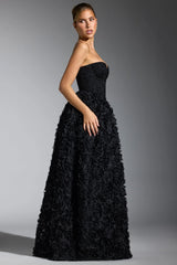 Embellished Floral-Appliqué Corset Gown in Black