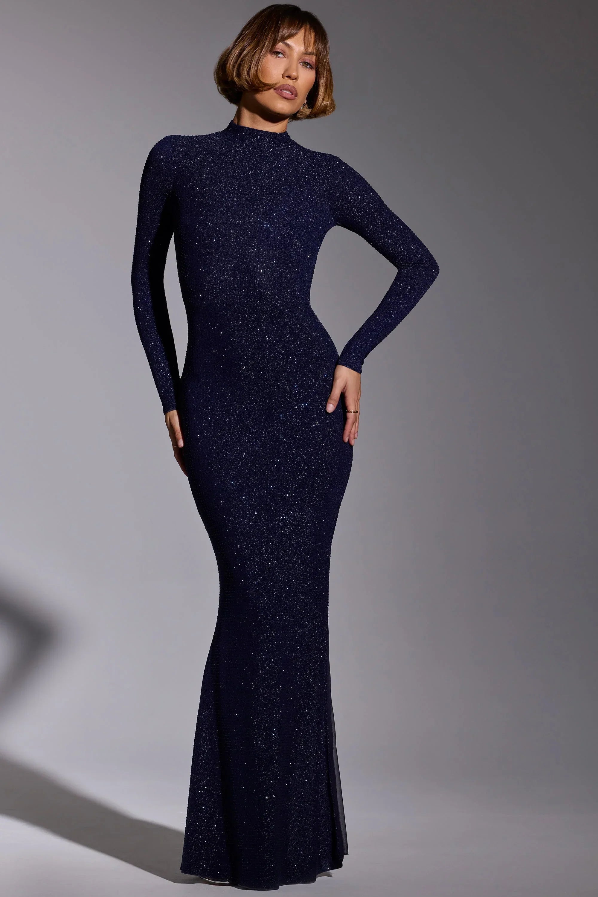 Embellished Long Sleeve Evening Gown in Royal Indigo