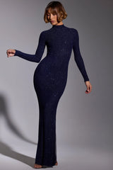 Embellished Long Sleeve Evening Gown in Royal Indigo