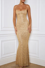 Embellished Fishtail Maxi Dress in Gold