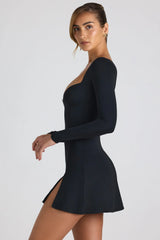 Modal Bow-Embellished Sweetheart-Neck A-Line Mini Dress in Black