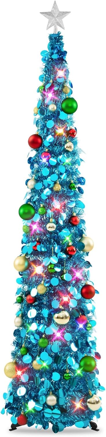 N&T NIETING Pop Up Christmas Tree with Lights & 40 Balls, 6Ft Collapsible Green Tinsel Christmas Tree Decorations, Pencil Christmas Tree Skinny Christmas Tree for Holiday Xmas Home Office Decor