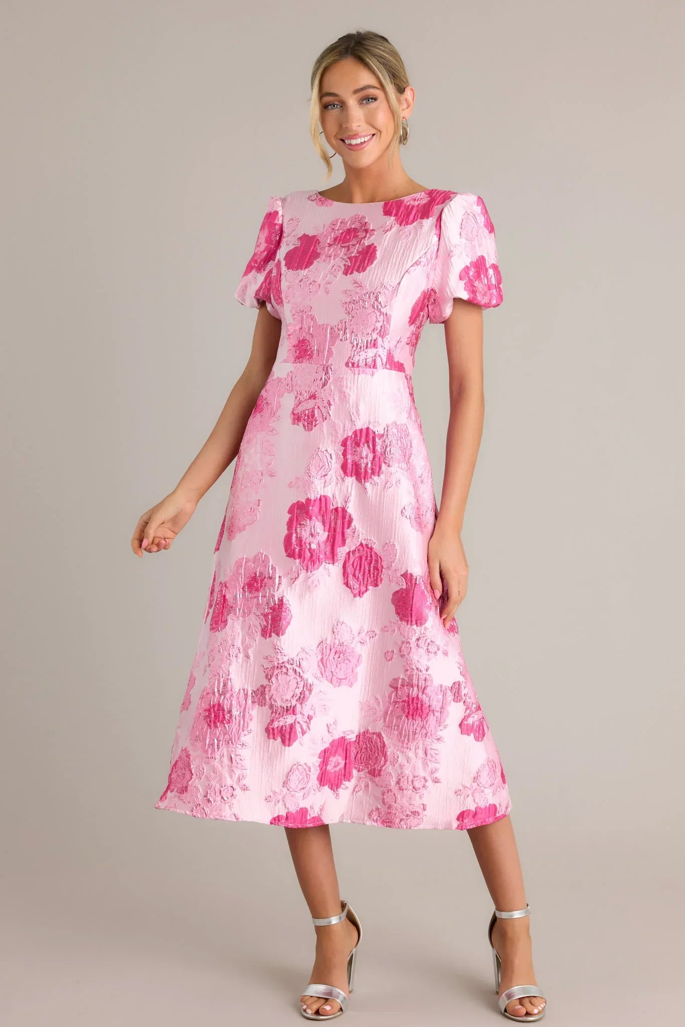 Luxe Living Light Pink Floral Jacquard Midi Dress (RESTOCK JULY)