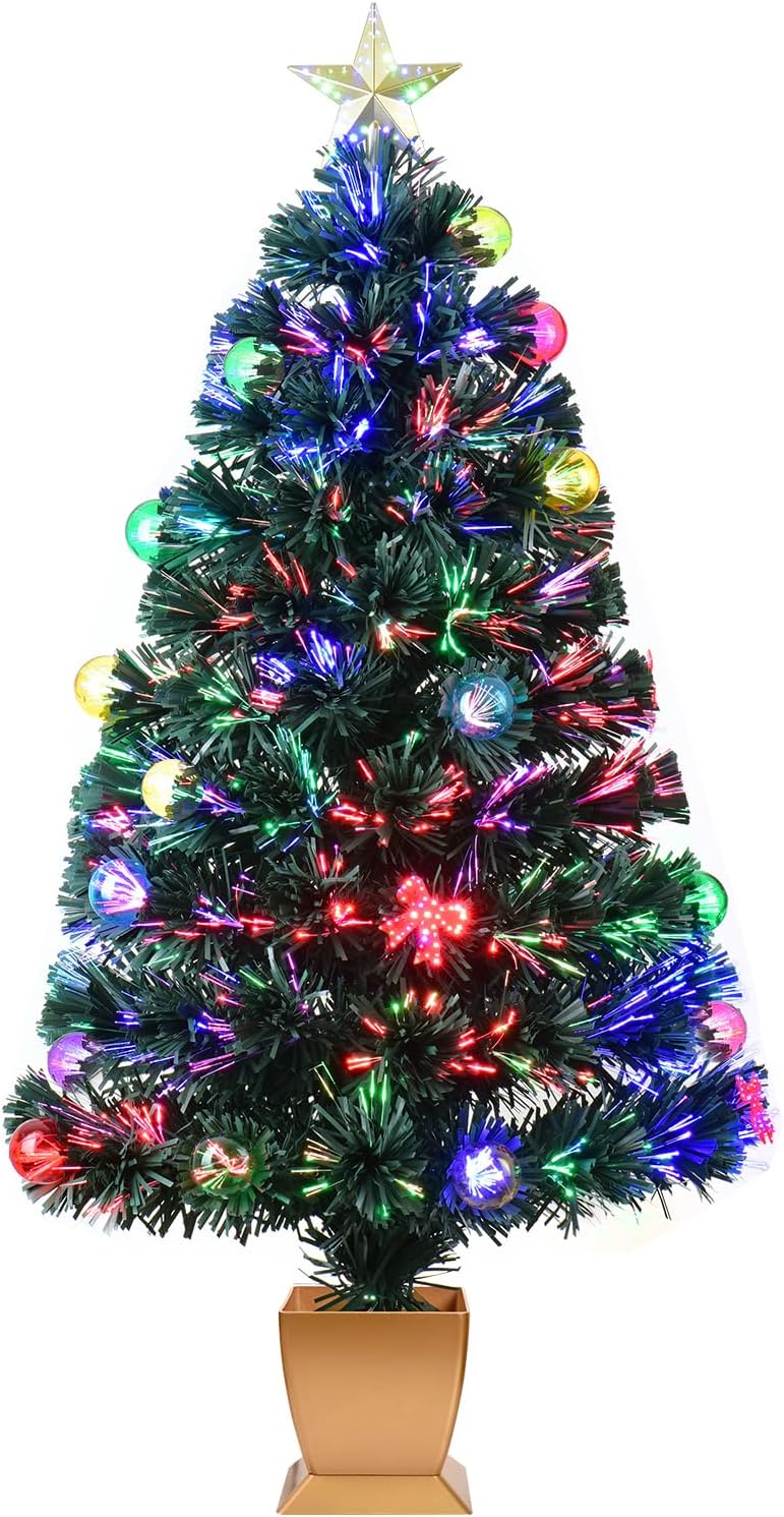 3ft Green Fiber Optic Christmas Tree,Prelit Artificial Tabletop Mini Christmas Tree,Star,Butterfly and Ball Ornaments for Best Holiday Home Decorations