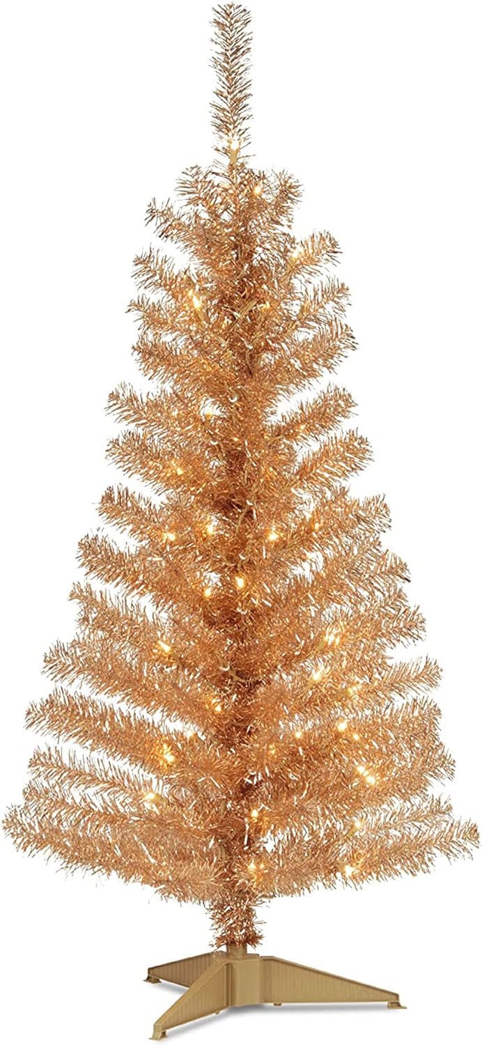 National Tree Company Pre-Lit Artificial Christmas Tree, Champagne Gold Tinsel, White Lights, Includes Stand, 4 feet