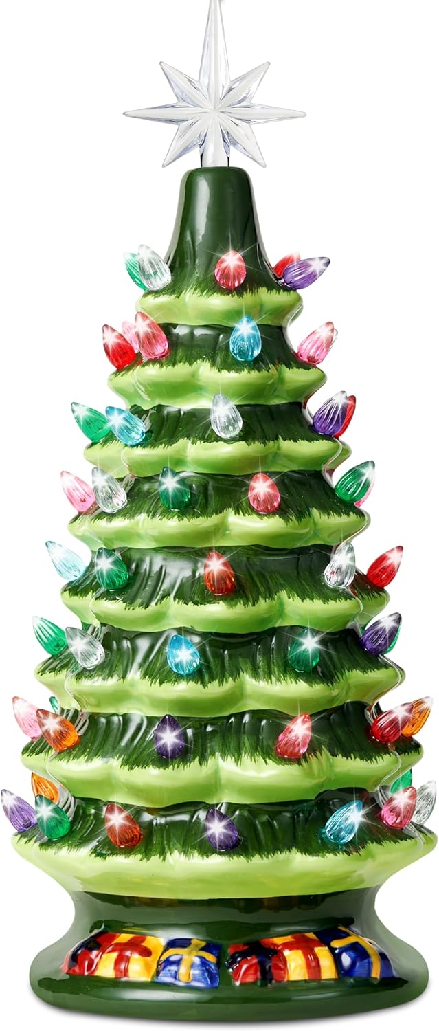 Joiedomi 15 Tabletop Prelit Ceramic Christmas Tree with 70 Multicolor Lights, Hand-Painted Ceramic Tabletop Christmas Tree for Christmas Holiday Indoor Decorations