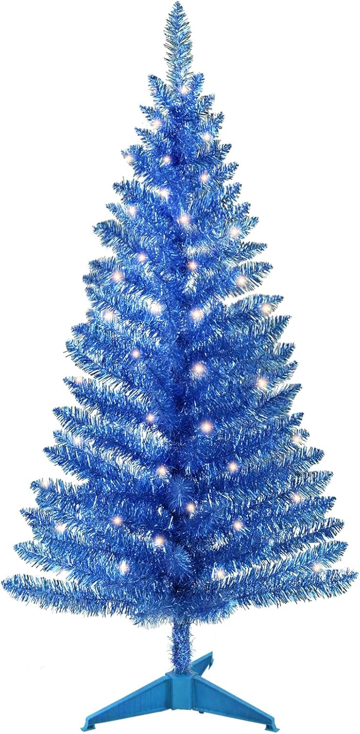 4ft Lighted Artificial Blue Christmas Tree | Leeheeyee Small Xmas Tree, Not Pre-lit Blue Tinsel Pine Trees with Lights, Ideal for Ideal for Home, Office, and Xmas Party Décor