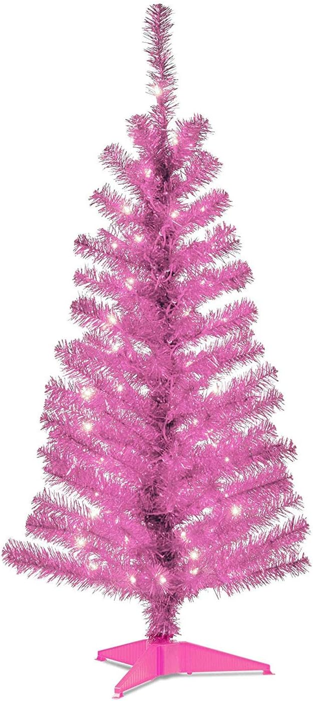 National Tree Company Pre-Lit Artificial Christmas Tree, Champagne Gold Tinsel, White Lights, Includes Stand, 4 feet