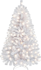 Yaheetech 4.5ft Pre-lit Spruce Artificial Hinged Christmas Pine Tree Prelighted Holiday Xmas Tree for Home Party Decoration with 150 Warm White Lights and 324 Branch Tips, White