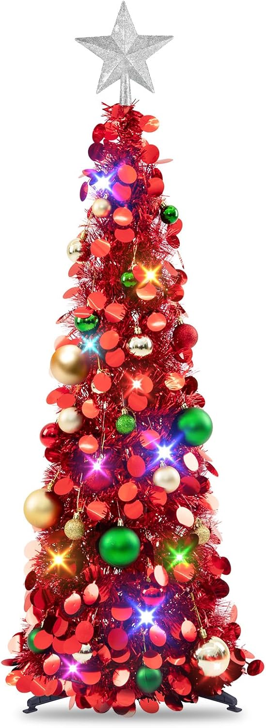 N&T NIETING Pop Up Christmas Tree with Lights & 40 Balls, 6Ft Collapsible Green Tinsel Christmas Tree Decorations, Pencil Christmas Tree Skinny Christmas Tree for Holiday Xmas Home Office Decor