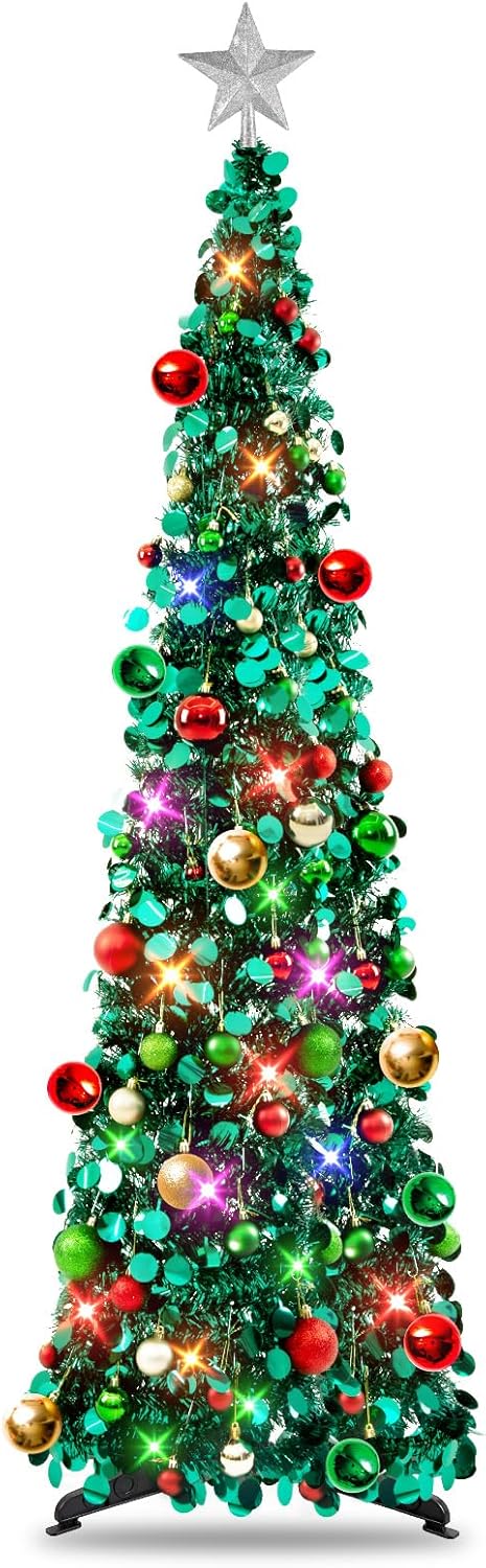 N&T NIETING Pop Up Christmas Tree with Lights & 40 Balls, 6Ft Collapsible Green Tinsel Christmas Tree Decorations, Pencil Christmas Tree Skinny Christmas Tree for Holiday Xmas Home Office Decor