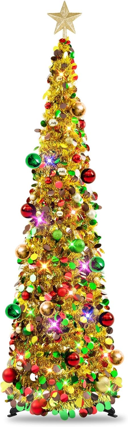 N&T NIETING Pop Up Christmas Tree with Lights & 40 Balls, 6Ft Collapsible Green Tinsel Christmas Tree Decorations, Pencil Christmas Tree Skinny Christmas Tree for Holiday Xmas Home Office Decor