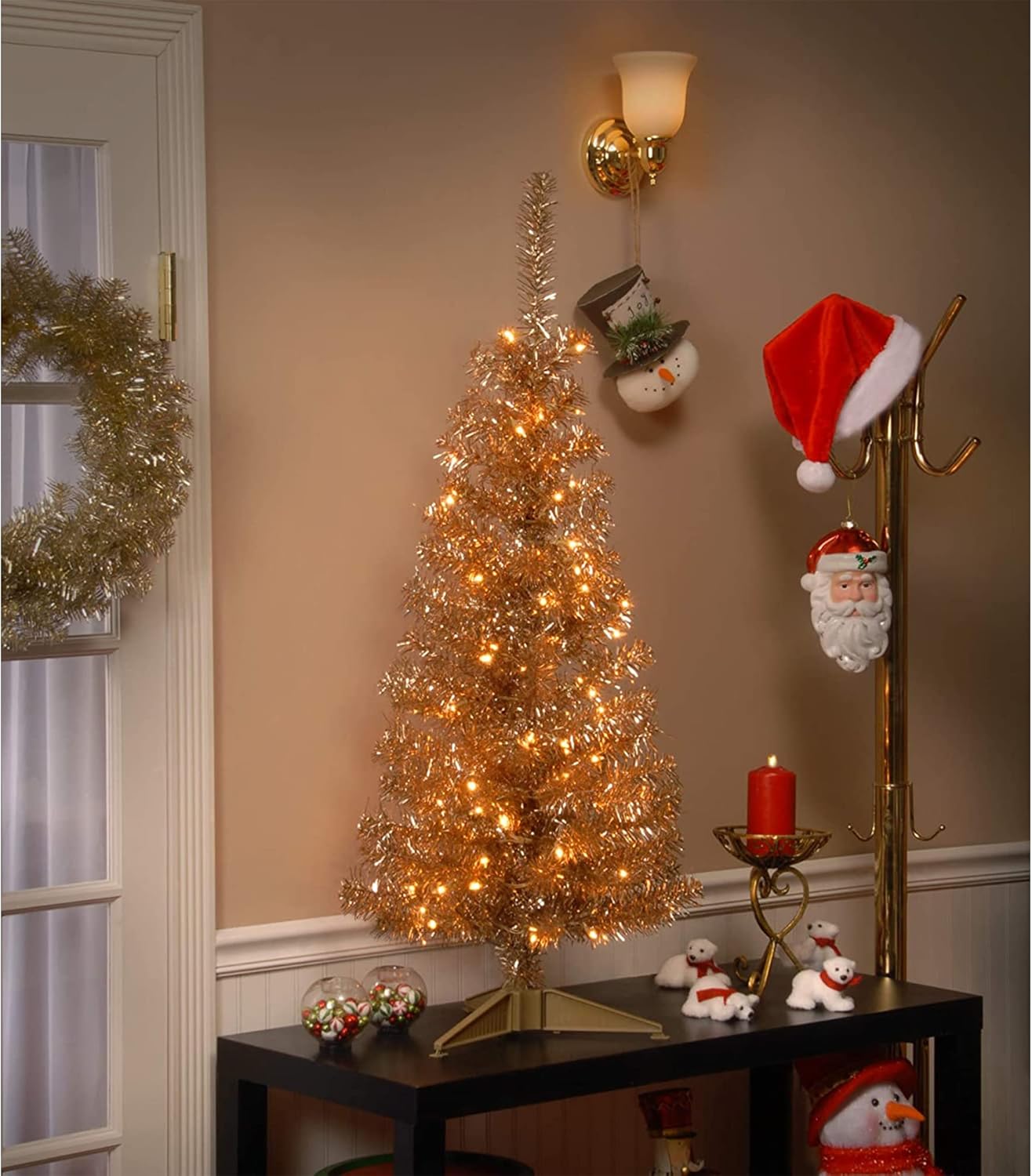 National Tree Company Pre-Lit Artificial Christmas Tree, Champagne Gold Tinsel, White Lights, Includes Stand, 4 feet