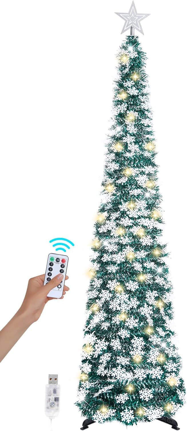 SINTENILL 6 FT Pop Up Christmas Tree with Timer Lights, Green Tinsel Artificial Christmas Tree with Snowflake Ornaments, Pencil Christmas Tree Collapsible Tree for Indoor Home, Office, Party