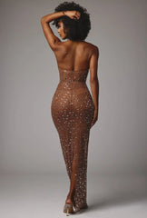 Sheer Embellished High Neck Evening Gown in Mocha