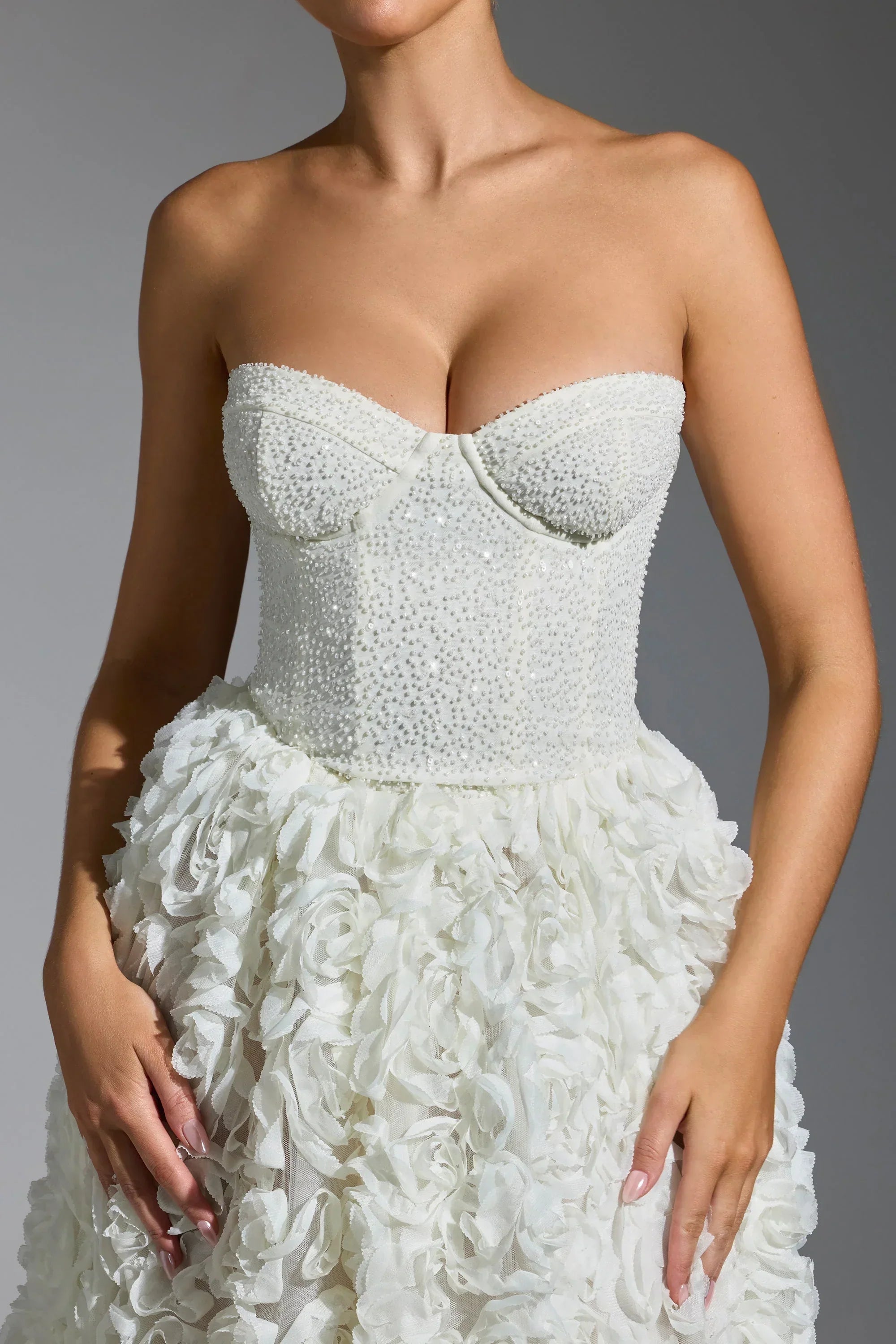 Embellished Floral-Appliqué Corset Gown in White