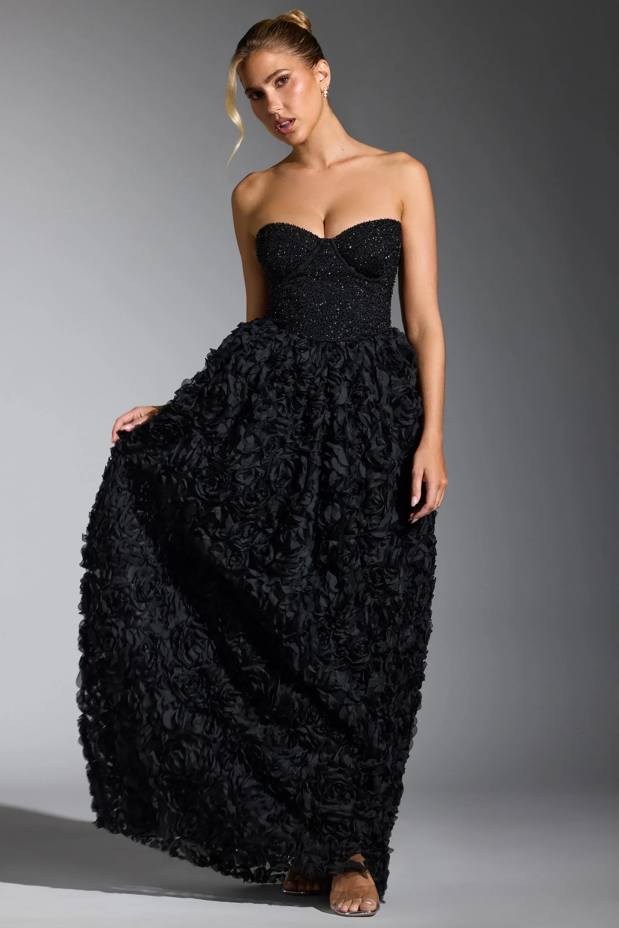 Embellished Floral-Appliqué Corset Gown in Black