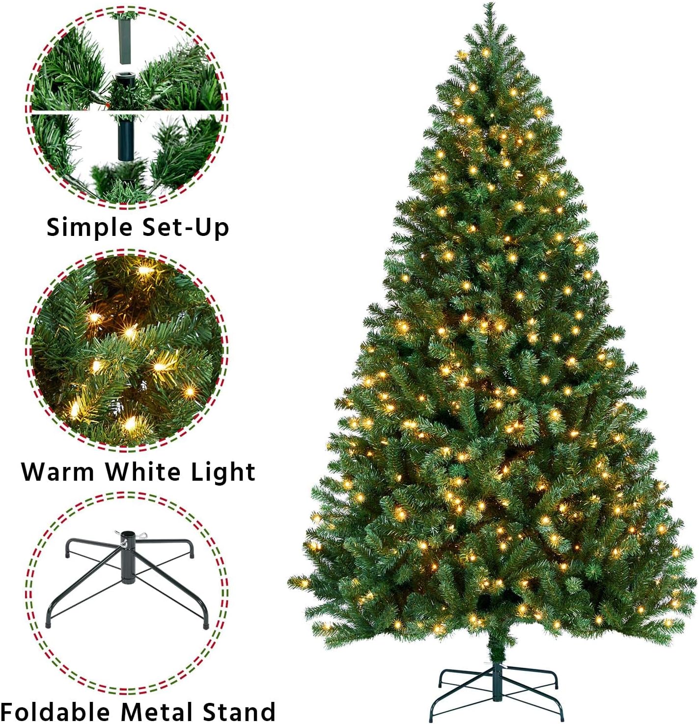 Yaheetech 4.5ft Pre-lit Spruce Artificial Hinged Christmas Pine Tree Prelighted Holiday Xmas Tree for Home Party Decoration with 150 Warm White Lights and 324 Branch Tips, White