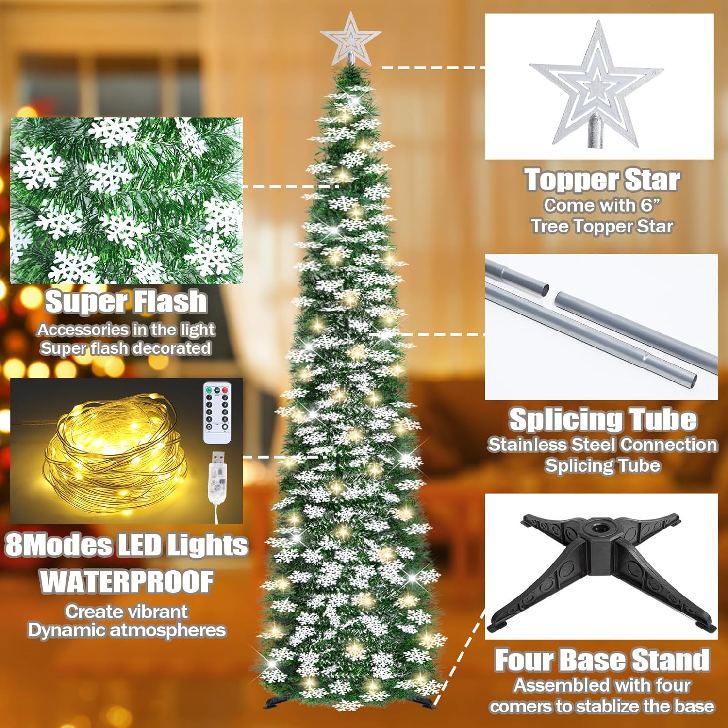 SINTENILL 6 FT Pop Up Christmas Tree with Timer Lights, Green Tinsel Artificial Christmas Tree with Snowflake Ornaments, Pencil Christmas Tree Collapsible Tree for Indoor Home, Office, Party