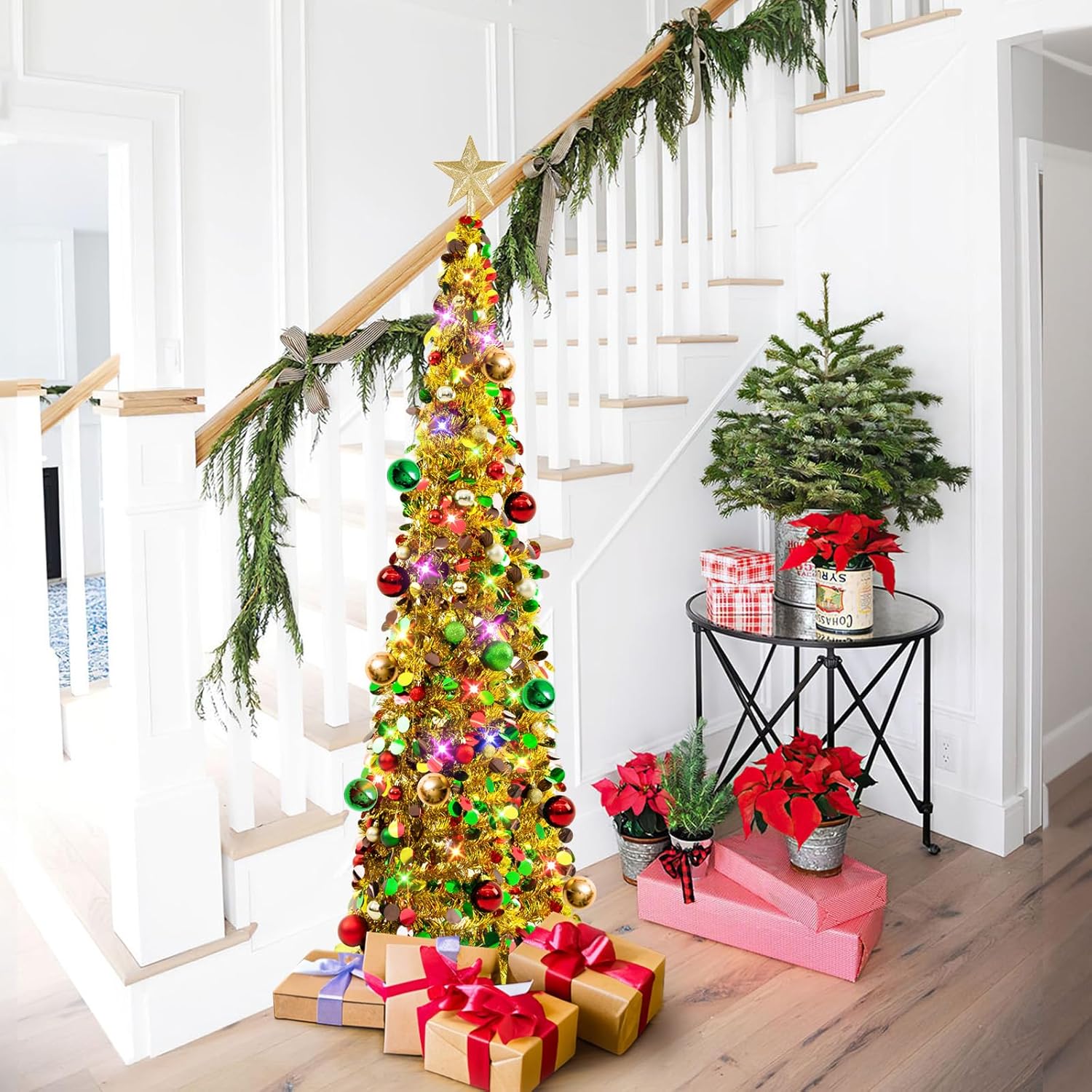 N&T NIETING Pop Up Christmas Tree with Lights & 40 Balls, 6Ft Collapsible Green Tinsel Christmas Tree Decorations, Pencil Christmas Tree Skinny Christmas Tree for Holiday Xmas Home Office Decor