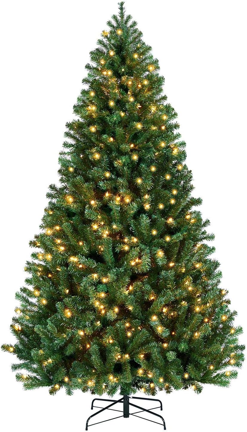 Yaheetech 4.5ft Pre-lit Spruce Artificial Hinged Christmas Pine Tree Prelighted Holiday Xmas Tree for Home Party Decoration with 150 Warm White Lights and 324 Branch Tips, White