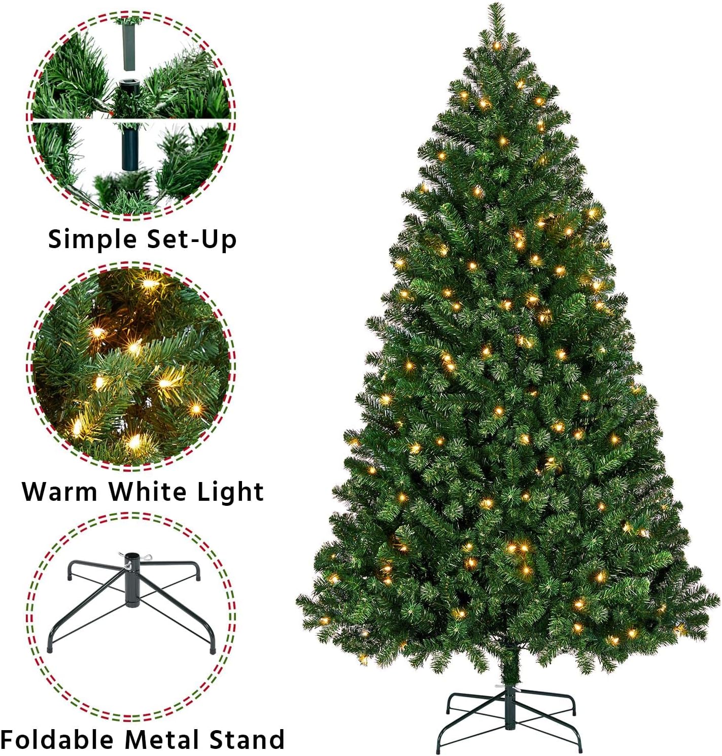 Yaheetech 4.5ft Pre-lit Spruce Artificial Hinged Christmas Pine Tree Prelighted Holiday Xmas Tree for Home Party Decoration with 150 Warm White Lights and 324 Branch Tips, White