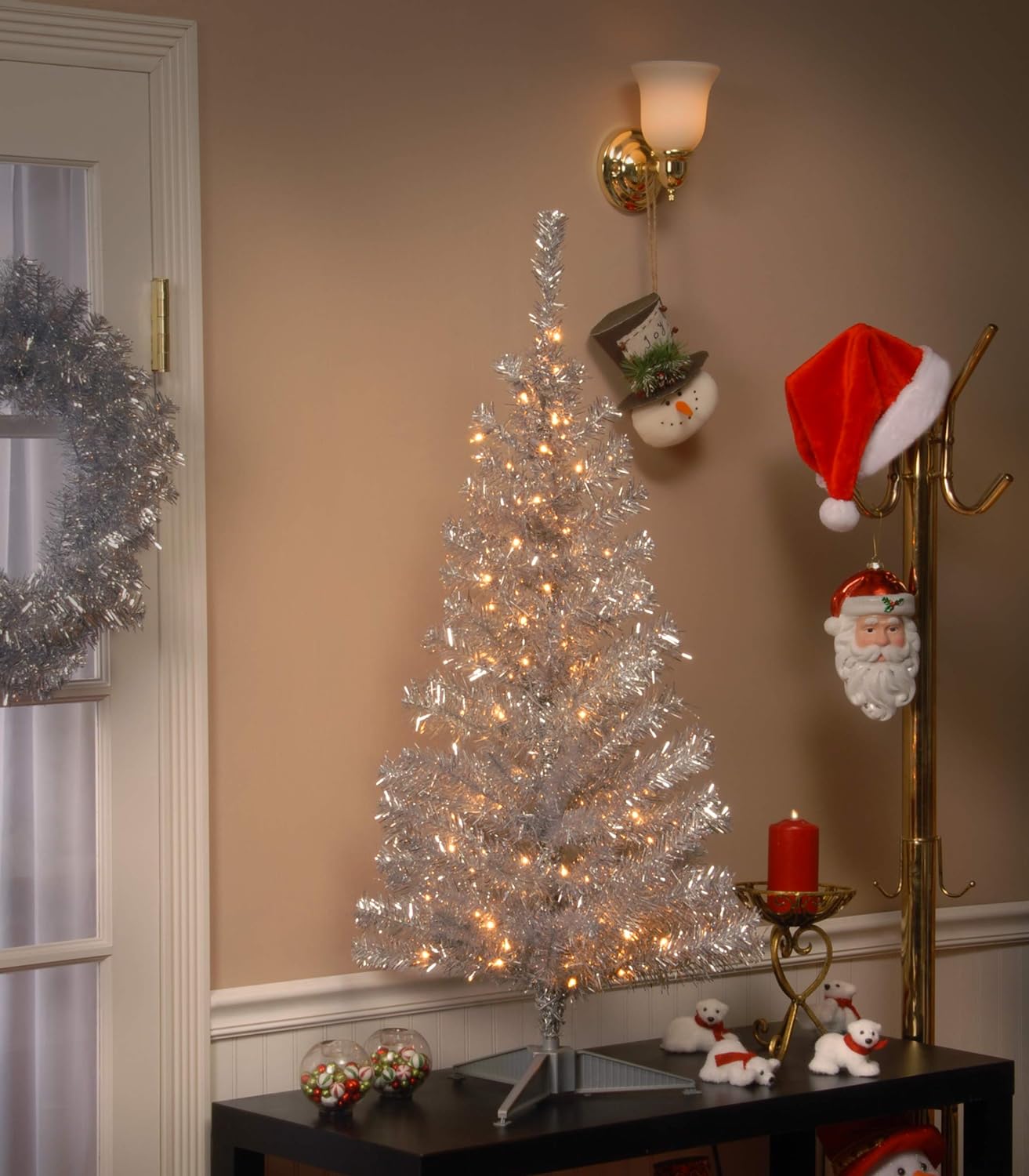 National Tree Company Pre-Lit Artificial Christmas Tree, Champagne Gold Tinsel, White Lights, Includes Stand, 4 feet