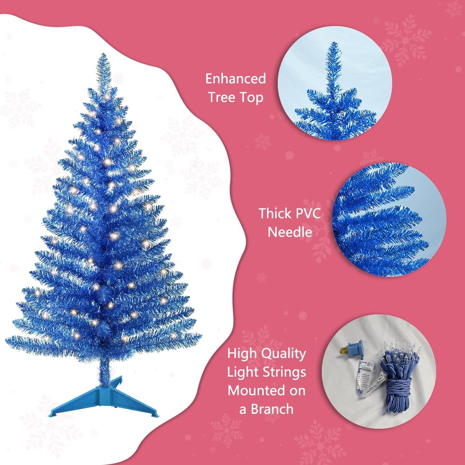 4ft Lighted Artificial Blue Christmas Tree | Leeheeyee Small Xmas Tree, Not Pre-lit Blue Tinsel Pine Trees with Lights, Ideal for Ideal for Home, Office, and Xmas Party Décor